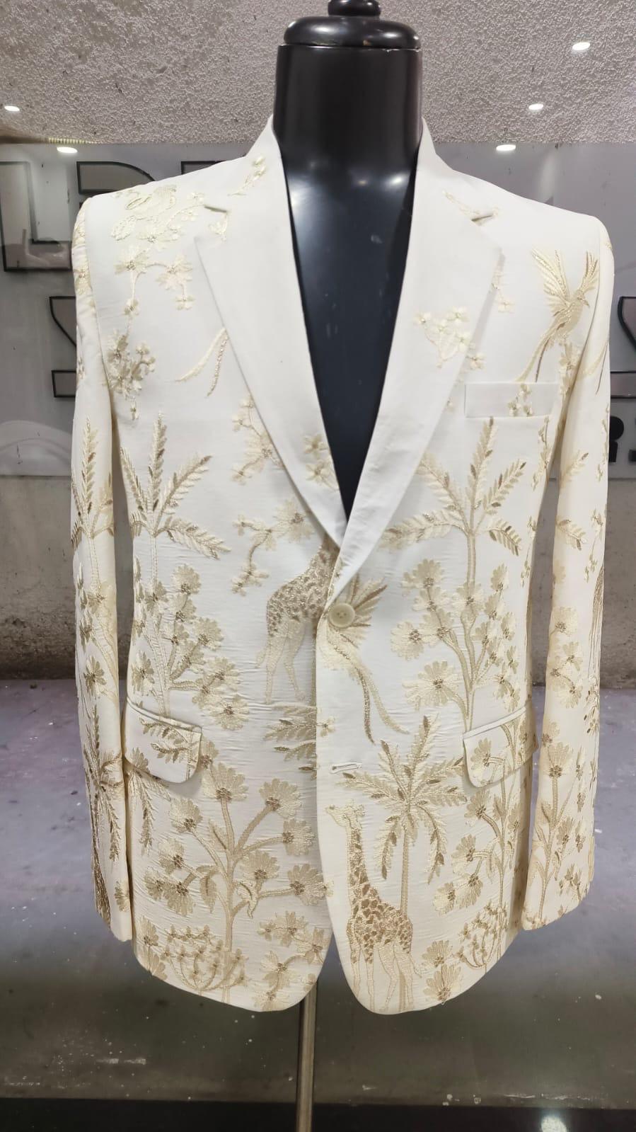 White & Gold Botanical Blazer — Nature Meets Elegance