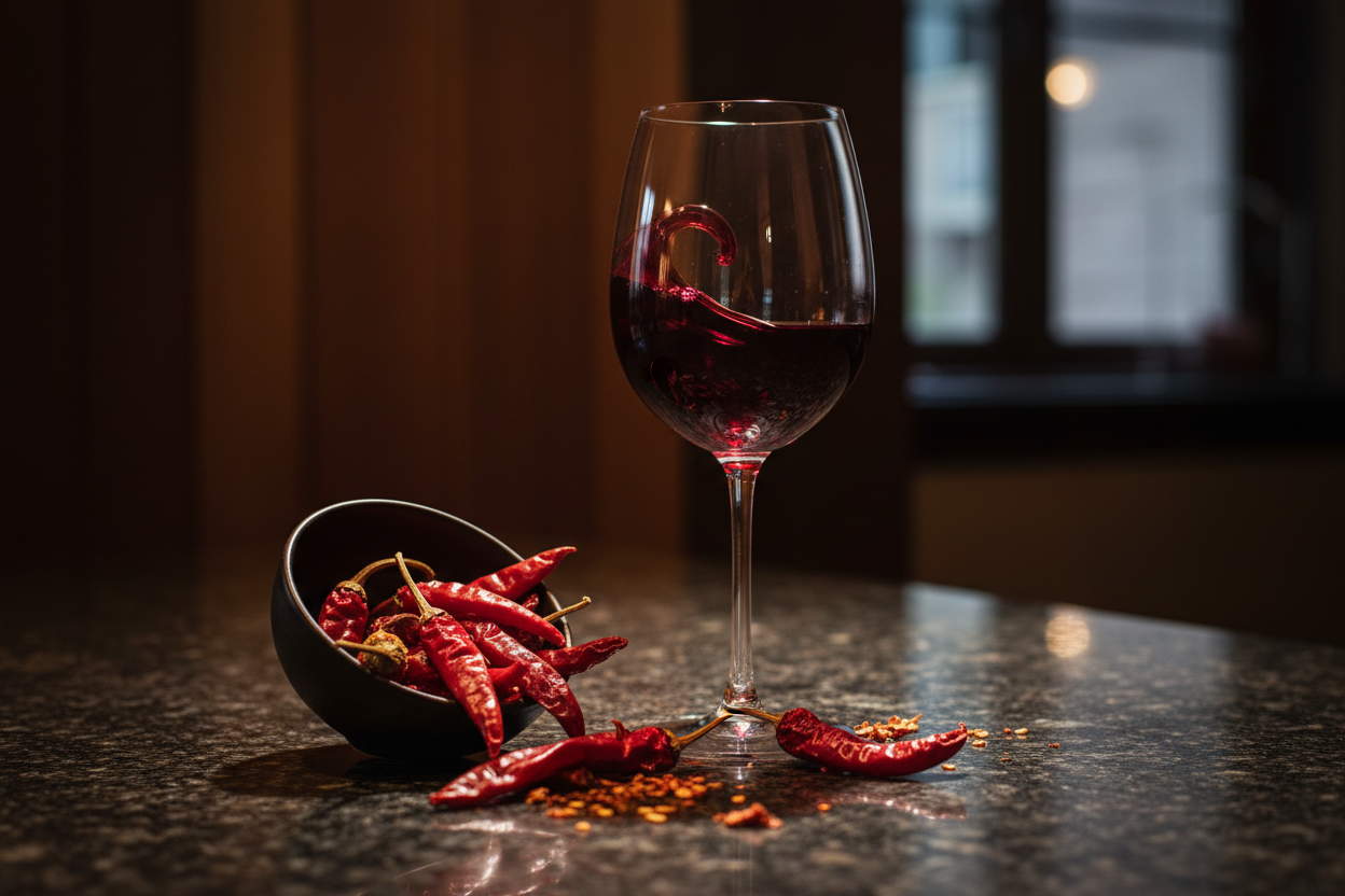 Red chillies and wine on granite countertop