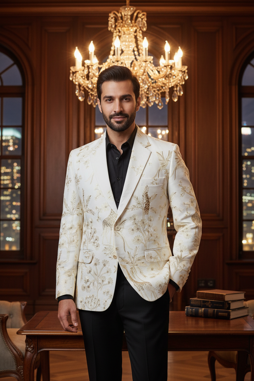 White & Gold Botanical Blazer